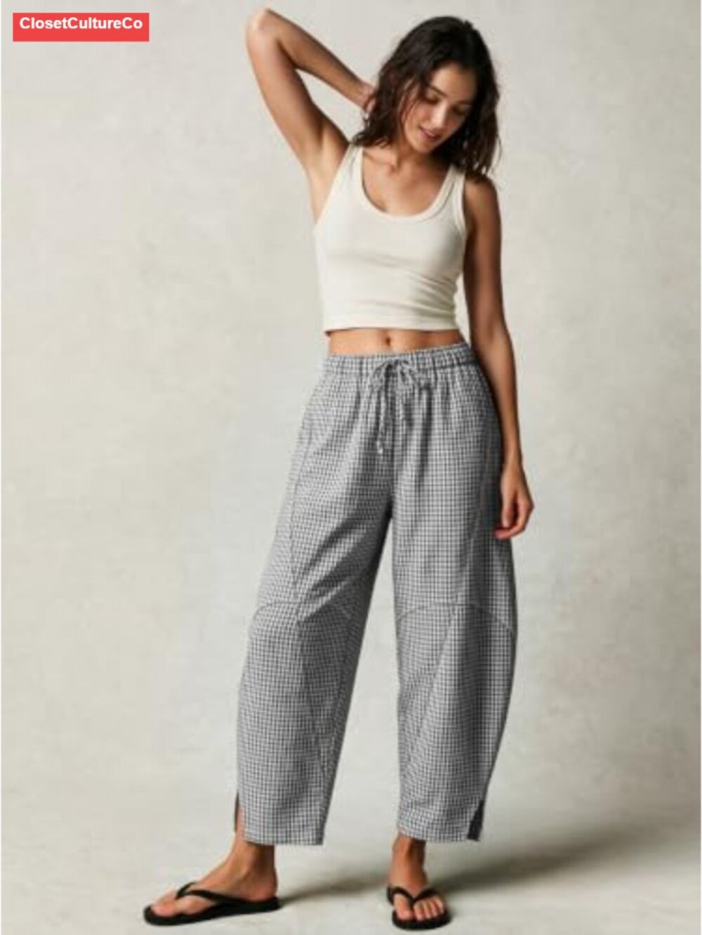 Womens Linen Gingham Barrel Pants Drawstring Casual Trousers - Picture 2 of 6
